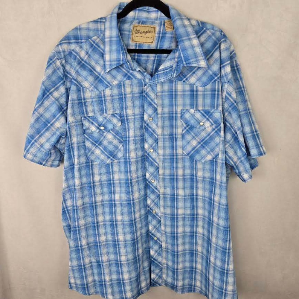Wrangler Western Shirt Mens Big 3XL Blue White Plaid Pearl Snap Short Sleeve